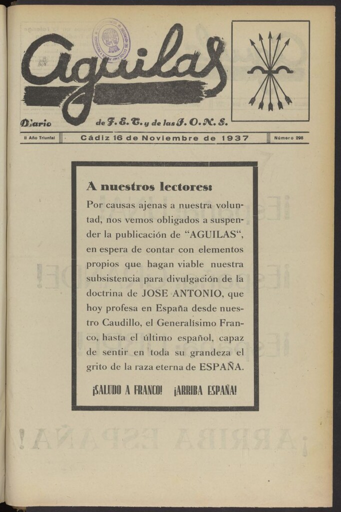 Miniatura de Águilas: Diario Nacional-Sindicalista del 16 de noviembre de 1937, nº 298