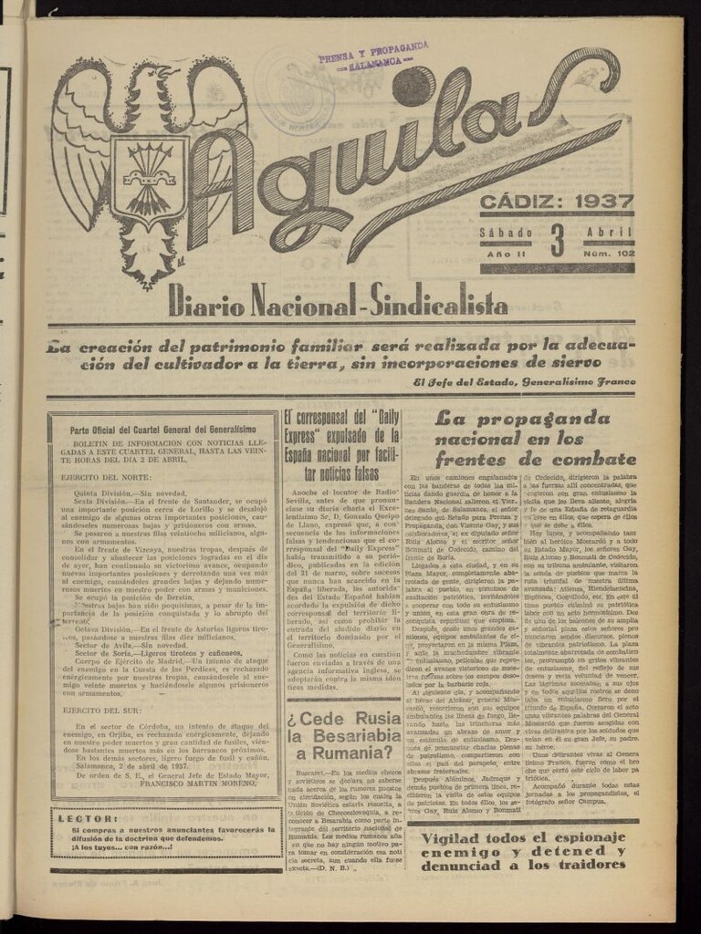 Miniatura de Águilas: Diario Nacional-Sindicalista del 3 de abril de 1937, nº 102 [sic]
