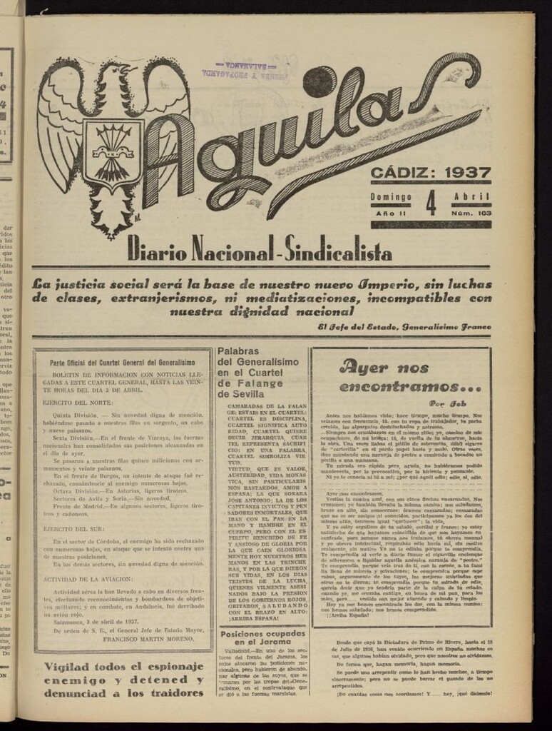 Miniatura de Águilas: Diario Nacional-Sindicalista del 4 de abril de 1937, nº 103