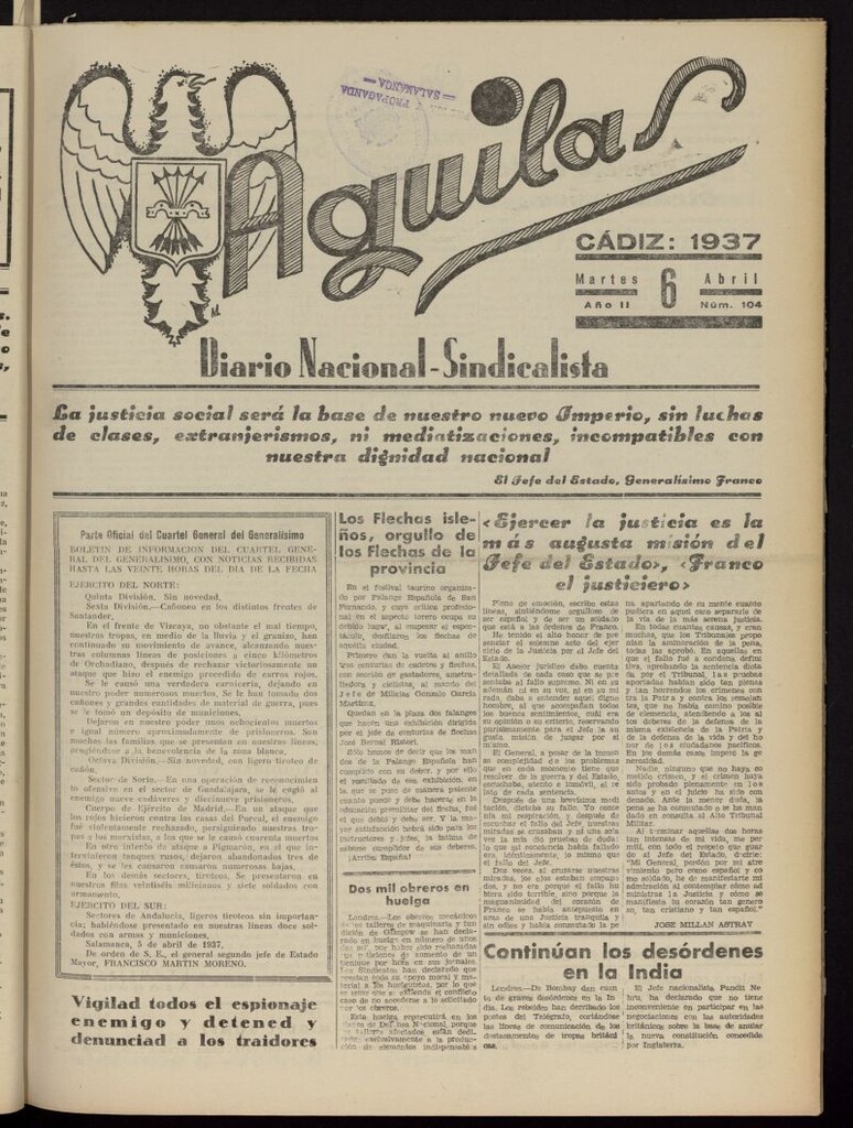 Miniatura de Águilas: Diario Nacional-Sindicalista del 6 de abril de 1937, nº 104