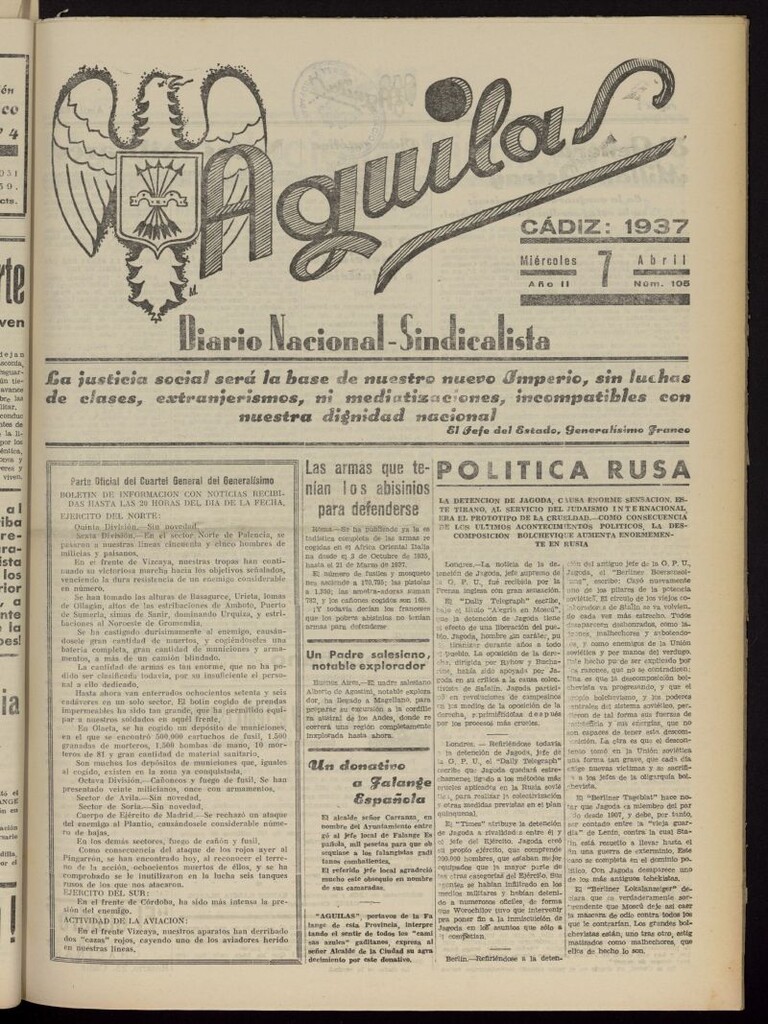 Miniatura de Águilas: Diario Nacional-Sindicalista del 7 de abril de 1937, nº 105