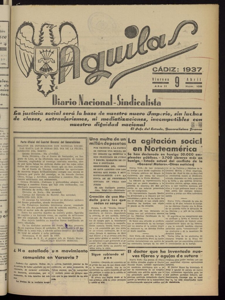 Miniatura de Águilas: Diario Nacional-Sindicalista del 9 de abril de 1937, nº 108
