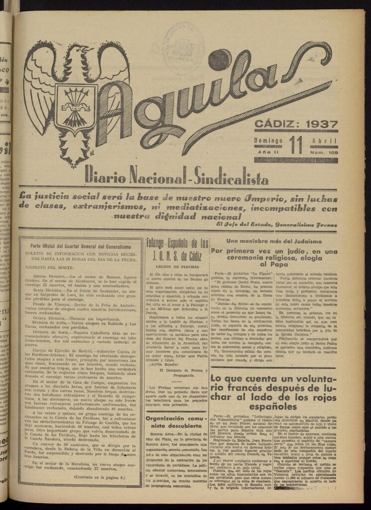 Miniatura de Águilas: Diario Nacional-Sindicalista del 11 de abril de 1937, nº 109 [sic]