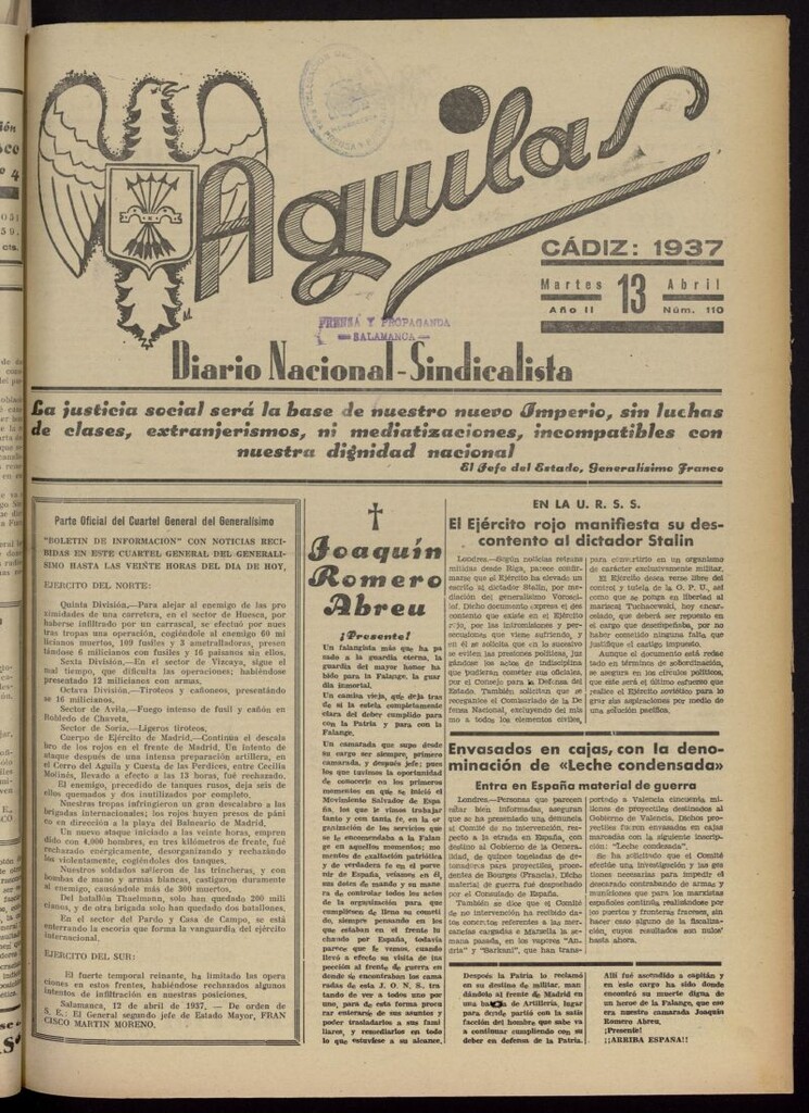Miniatura de Águilas: Diario Nacional-Sindicalista del 13 de abril de 1937, nº 110