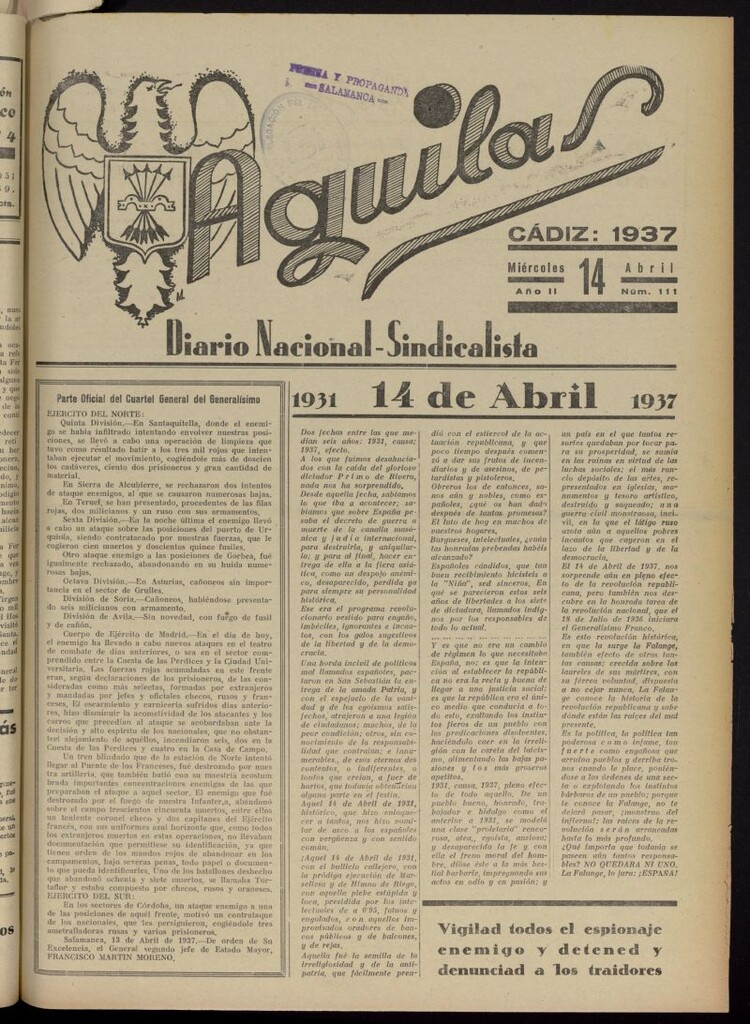 Miniatura de Águilas: Diario Nacional-Sindicalista del 14 de abril de 1937, nº 111