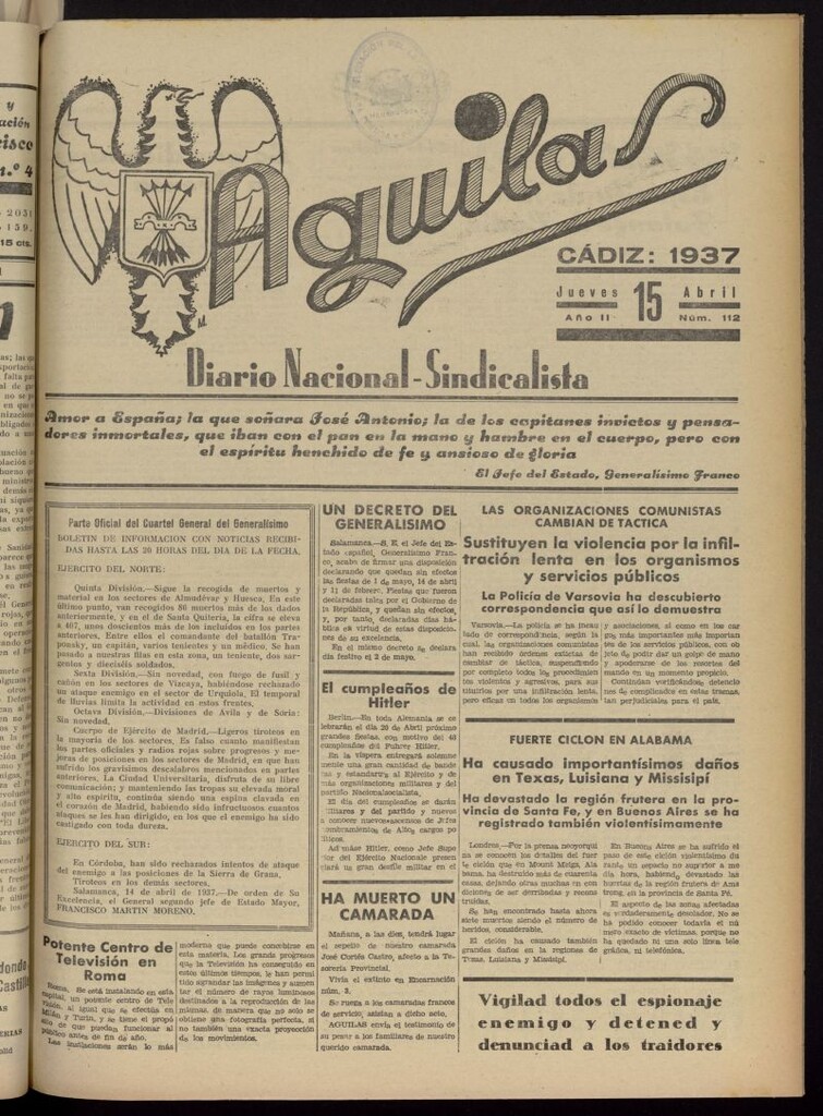 Miniatura de Águilas: Diario Nacional-Sindicalista del 15 de abril de 1937, nº 112