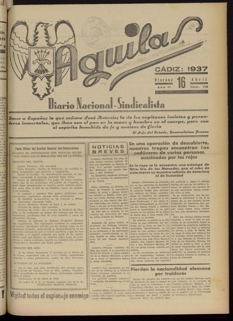 Miniatura de Águilas: Diario Nacional-Sindicalista del 16 de abril de 1937, nº 113
