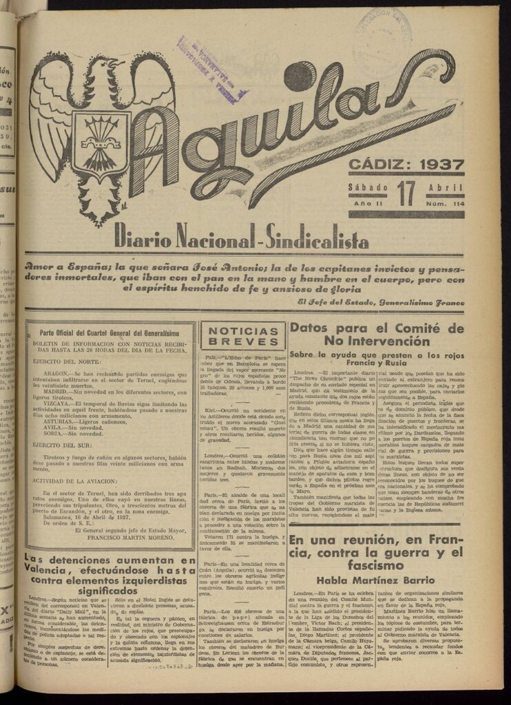 Miniatura de Águilas: Diario Nacional-Sindicalista del 17 de abril de 1937, nº 114