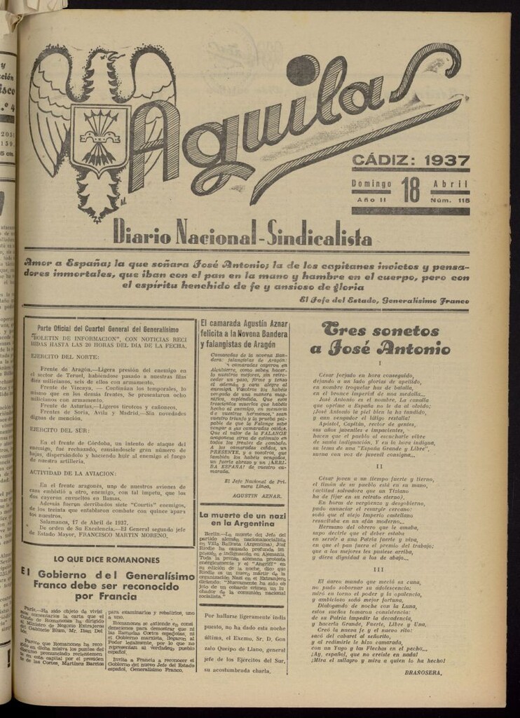 Miniatura de Águilas: Diario Nacional-Sindicalista del 18 de abril de 1937, nº 115