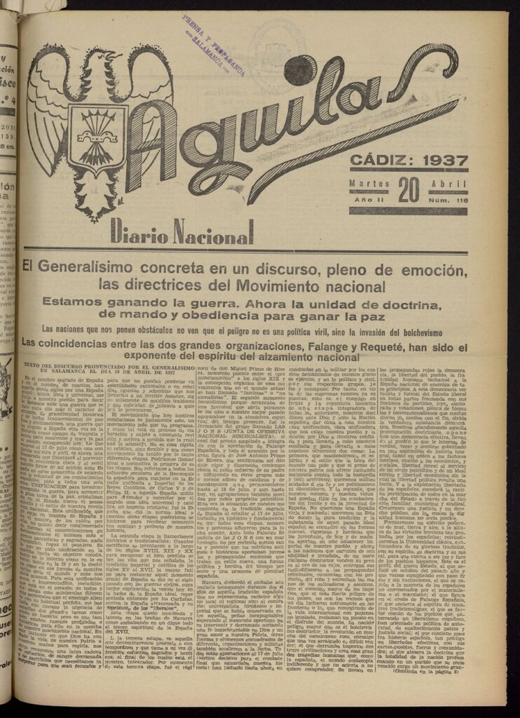 Miniatura de Águilas: Diario Nacional-Sindicalista del 20 de abril de 1937, nº 116