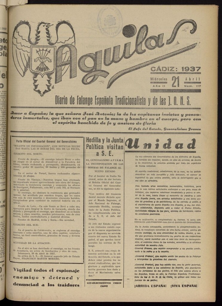Miniatura de Águilas: Diario Nacional-Sindicalista del 21 de abril de 1937, nº 117