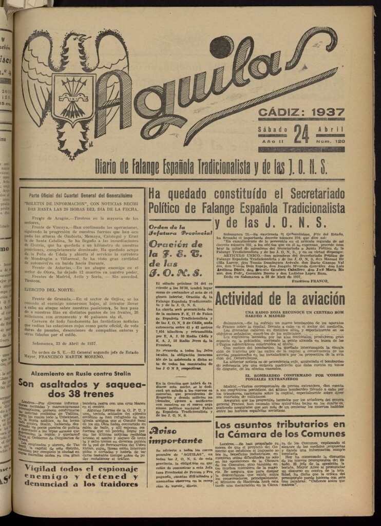 Miniatura de Águilas: Diario Nacional-Sindicalista del 24 de abril de 1937, nº 120