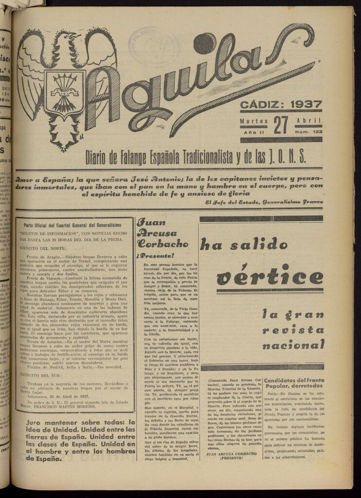Miniatura de Águilas: Diario Nacional-Sindicalista del 27 de abril de 1937, nº 122