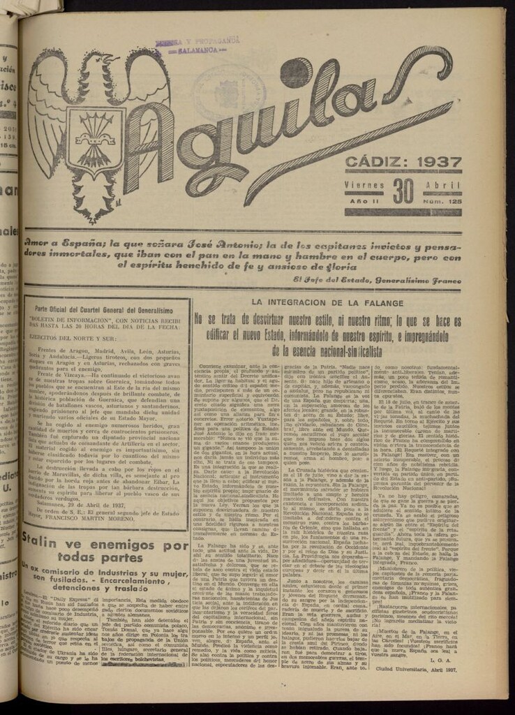 Miniatura de Águilas: Diario Nacional-Sindicalista del 30 de abril de 1937, nº 125