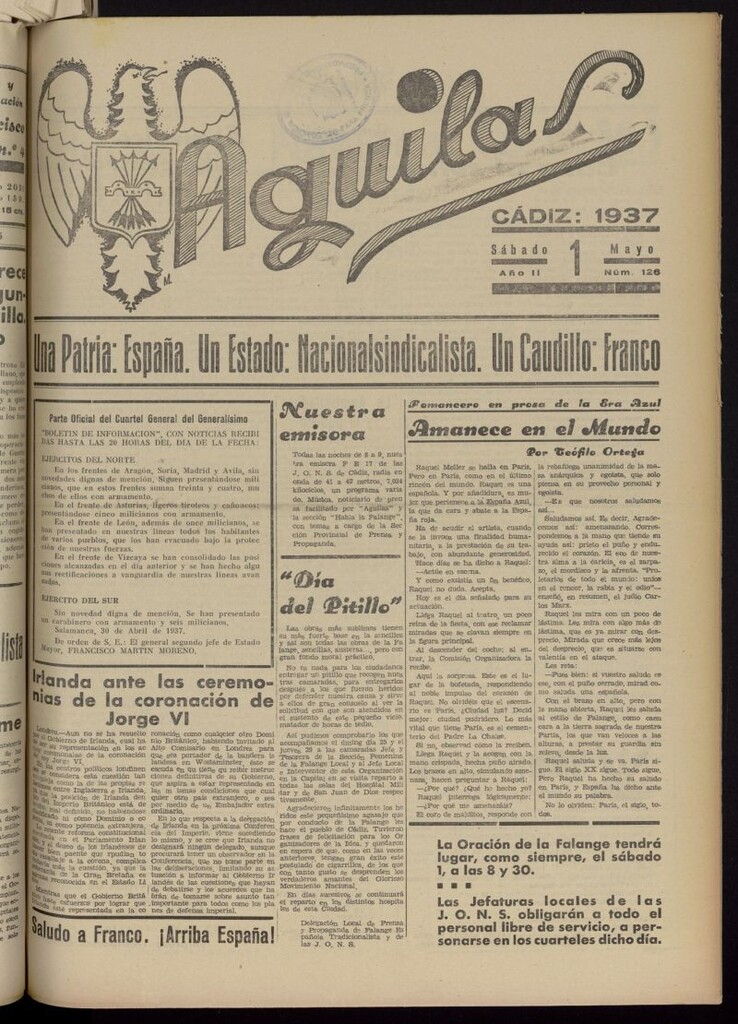 Miniatura de Águilas: Diario Nacional-Sindicalista del 1 de mayo de 1937, nº 126