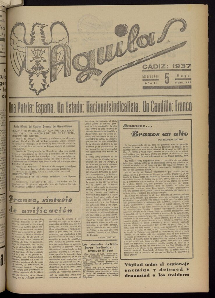 Miniatura de Águilas: Diario Nacional-Sindicalista del 5 de mayo de 1937, nº 129
