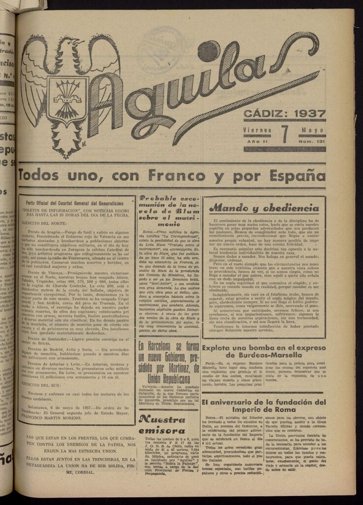 Miniatura de Águilas: Diario Nacional-Sindicalista del 7 de mayo de 1937, nº 131