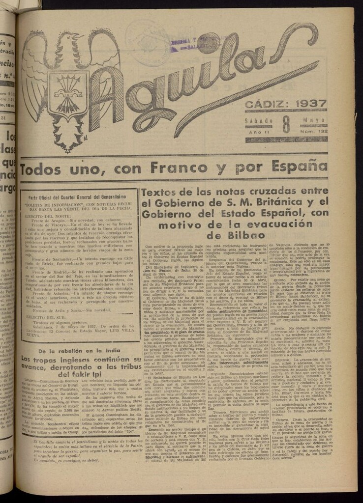 Miniatura de Águilas: Diario Nacional-Sindicalista del 8 de mayo de 1937, nº 132