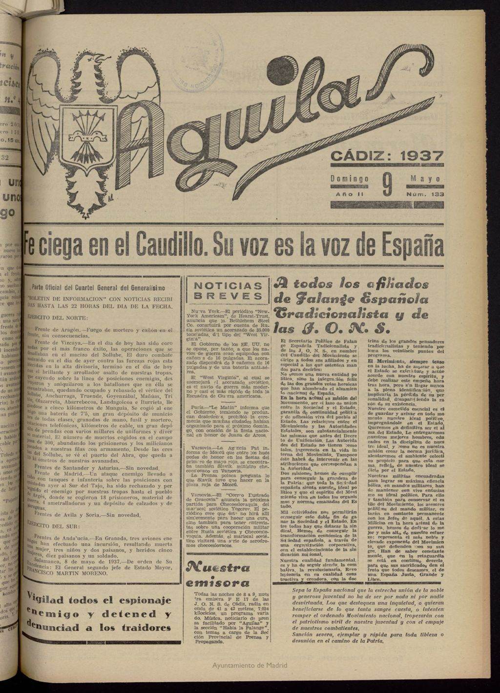 Miniatura de Águilas: Diario Nacional-Sindicalista del 9 de mayo de 1937, nº 133