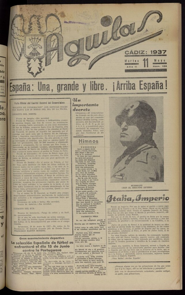 Miniatura de Águilas: Diario Nacional-Sindicalista del 11 de mayo de 1937, nº 134