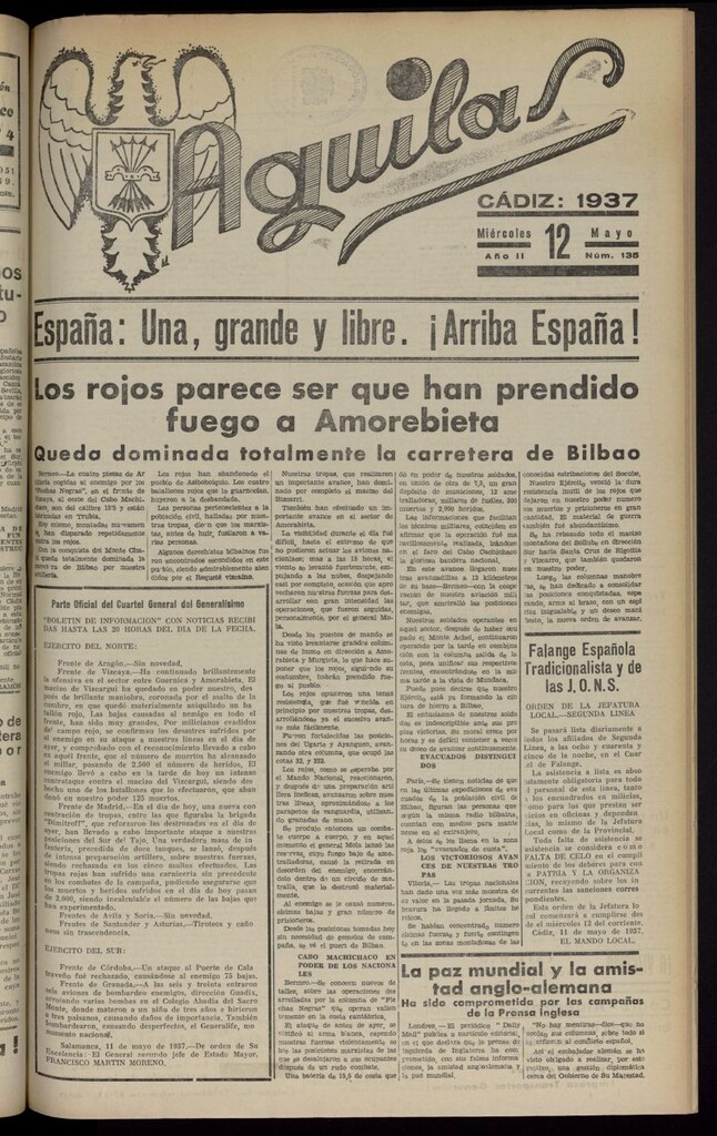 Miniatura de Águilas: Diario Nacional-Sindicalista del 12 de mayo de 1937, nº 135