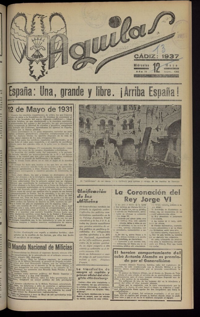 Miniatura de Águilas: Diario Nacional-Sindicalista del 13bis de mayo de 1937, nº 136