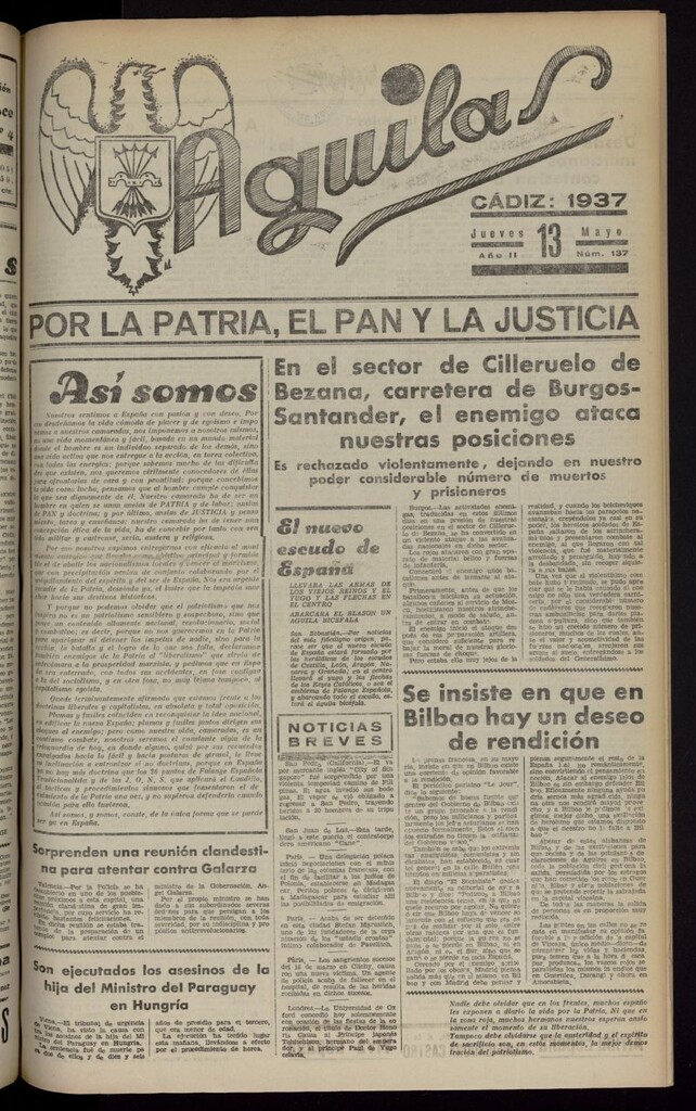 Miniatura de Águilas: Diario Nacional-Sindicalista del 13 de mayo de 1937, nº 137