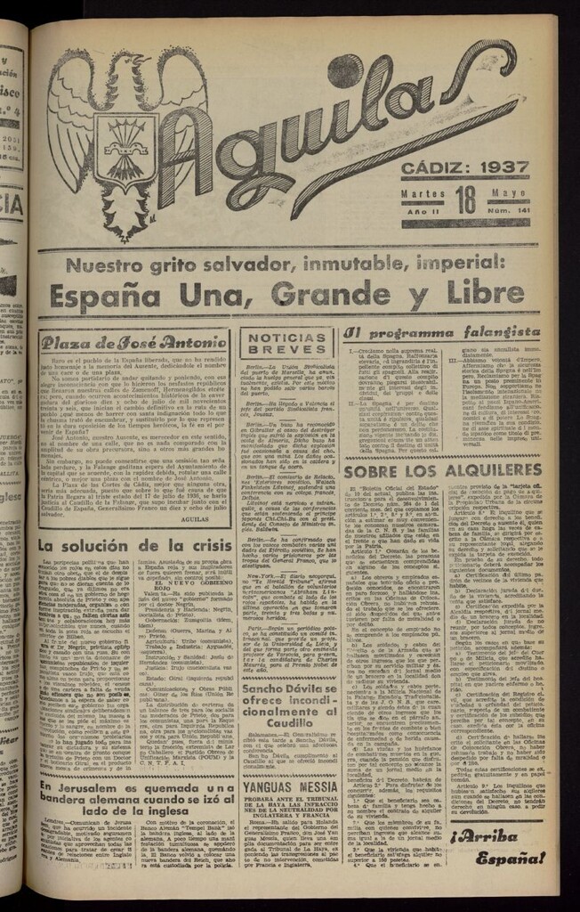 Miniatura de Águilas: Diario Nacional-Sindicalista del 18 de mayo de 1937, nº 141