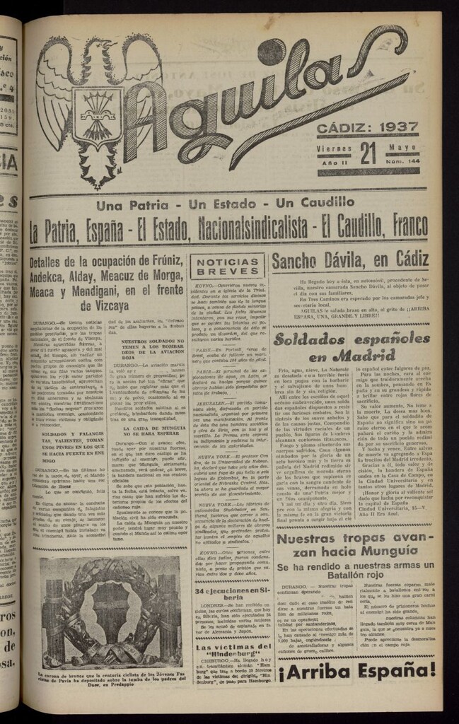 Miniatura de Águilas: Diario Nacional-Sindicalista del 21 de mayo de 1937, nº 144