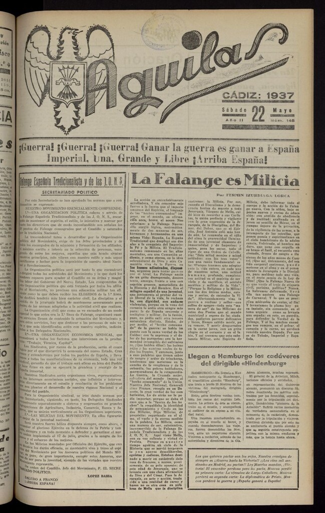 Miniatura de Águilas: Diario Nacional-Sindicalista del 22 de mayo de 1937, nº 145