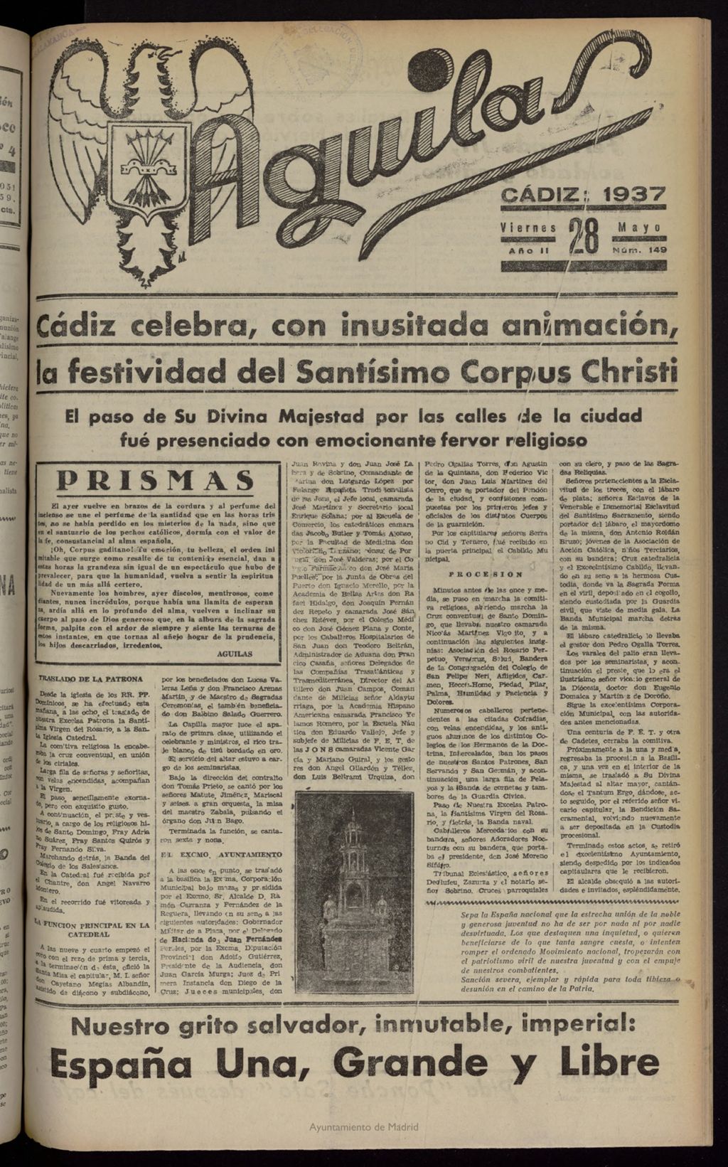Miniatura de Águilas: Diario Nacional-Sindicalista del 28 de mayo de 1937, nº 149