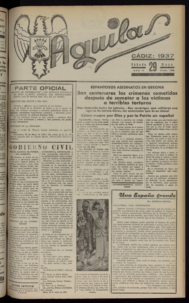 Miniatura de Águilas: Diario Nacional-Sindicalista del 29 de mayo de 1937, nº 150