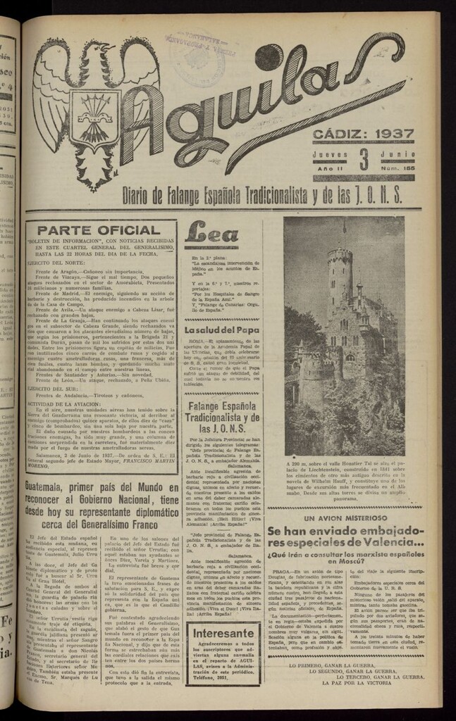 Miniatura de Águilas: Diario Nacional-Sindicalista del 3 de junio de 1937, nº 155
