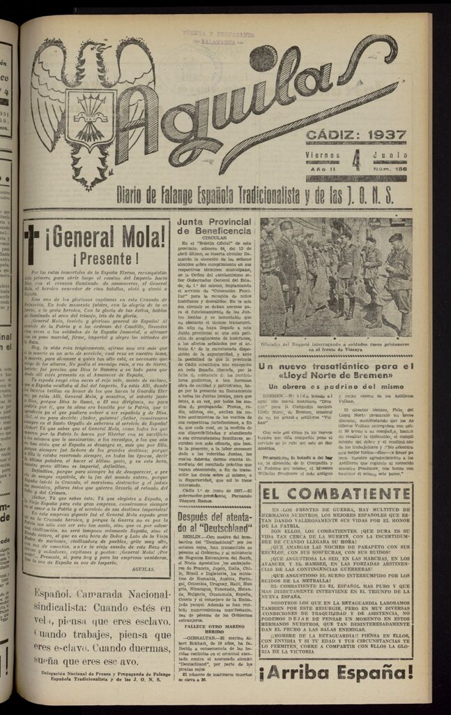 Miniatura de Águilas: Diario Nacional-Sindicalista del 4 de junio de 1937, nº 156