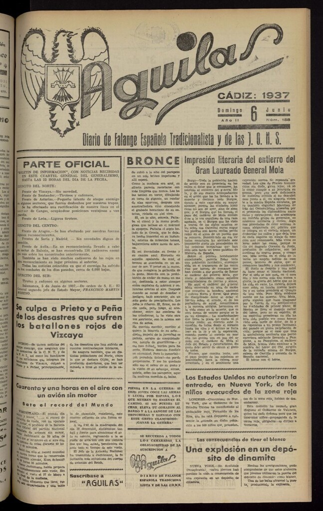 Miniatura de Águilas: Diario Nacional-Sindicalista del 6 de junio de 1937, nº 158