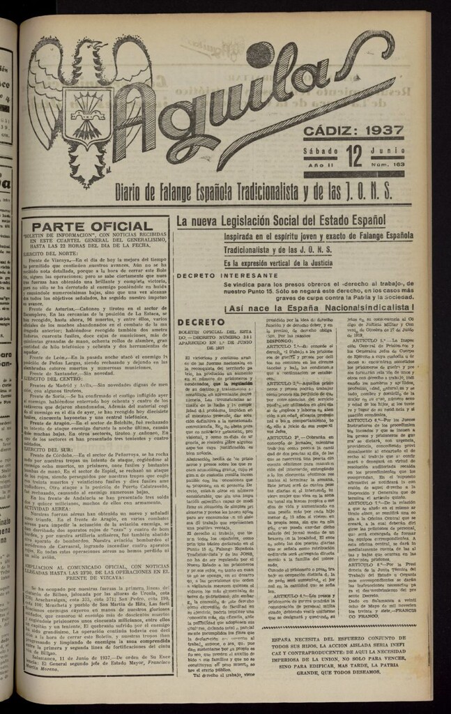 Miniatura de Águilas: Diario Nacional-Sindicalista del 12 de junio de 1937, nº 163