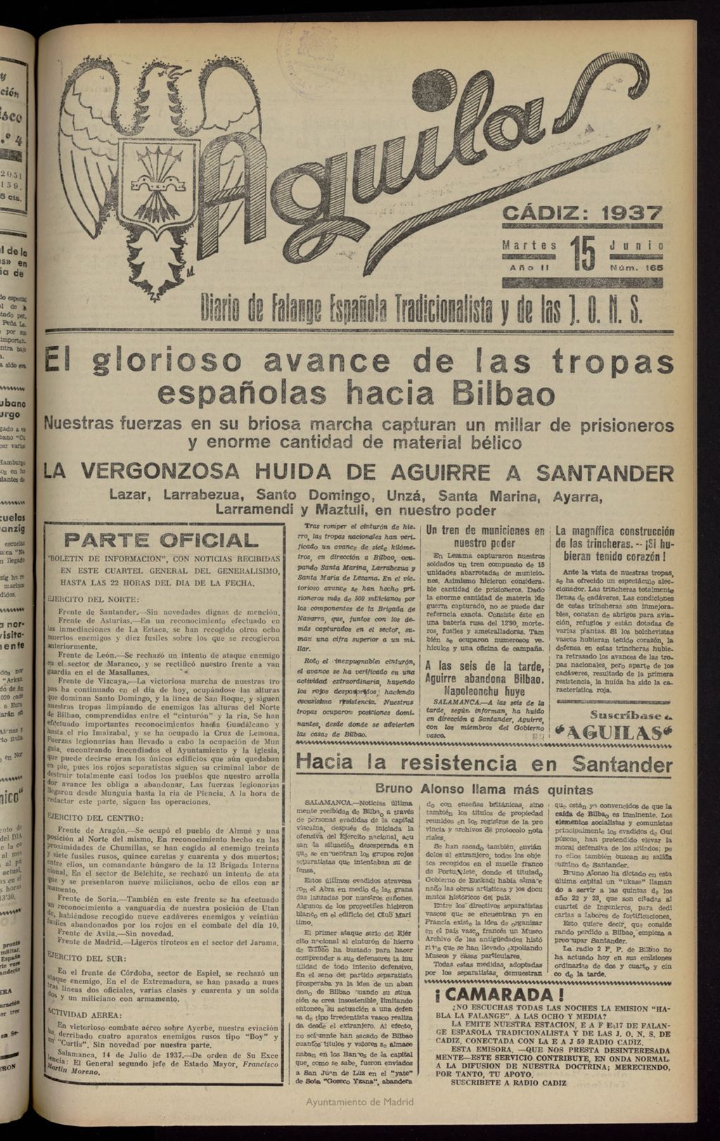 Miniatura de Águilas: Diario Nacional-Sindicalista del 15 de junio de 1937, nº 165