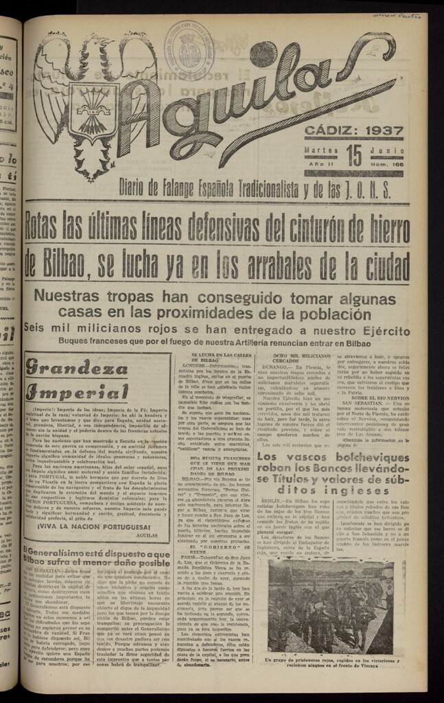 Miniatura de Águilas: Diario Nacional-Sindicalista del 15[sic] de junio de 1937, nº 166