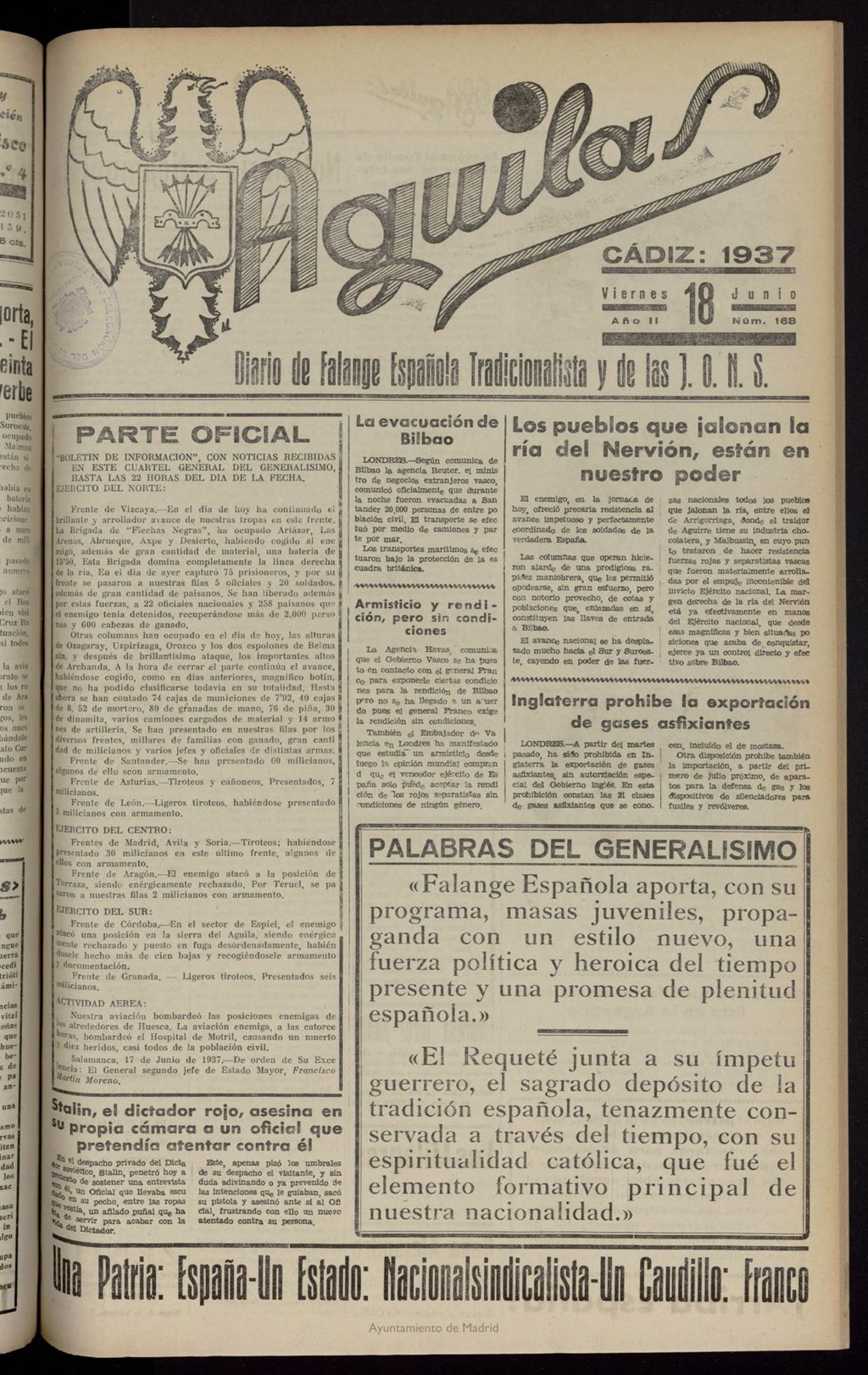 Miniatura de Águilas: Diario Nacional-Sindicalista del 18 de junio de 1937, nº 168