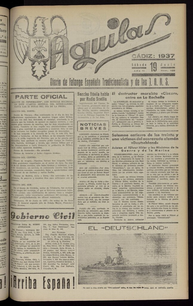 Miniatura de Águilas: Diario Nacional-Sindicalista del 19 de junio de 1937, nº 169
