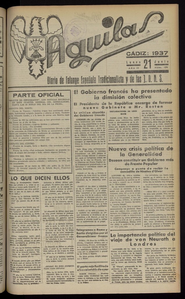 Miniatura de Águilas: Diario Nacional-Sindicalista del 21 de junio de 1937, nº 171