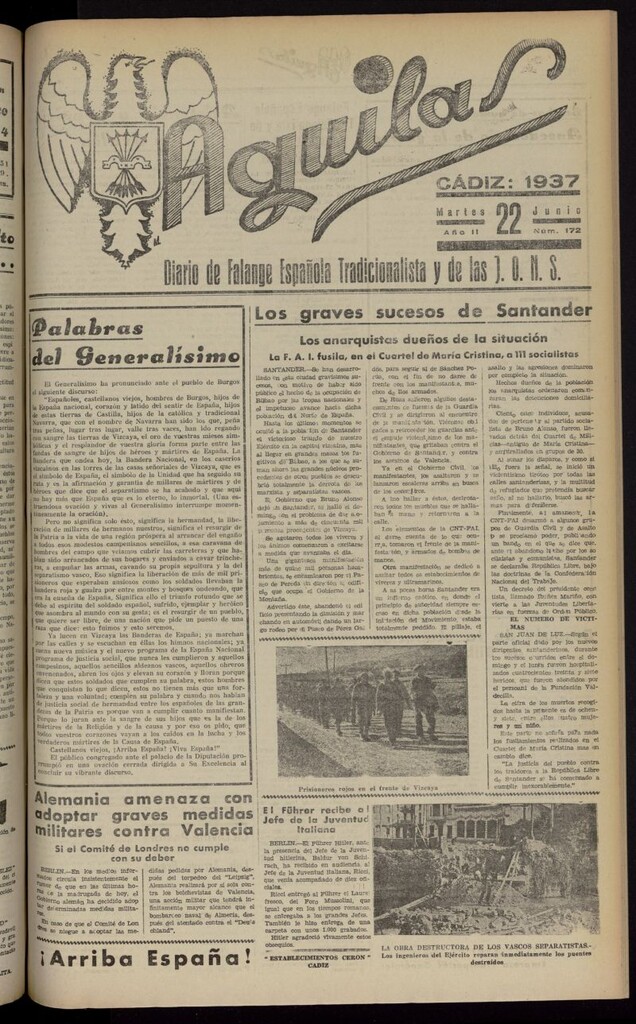 Miniatura de Águilas: Diario Nacional-Sindicalista del 22 de junio de 1937, nº 172