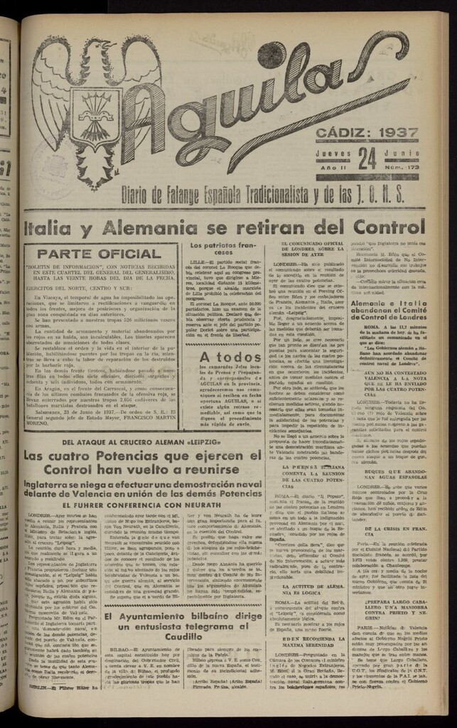 Miniatura de Águilas: Diario Nacional-Sindicalista del 24 de junio de 1937, nº 174