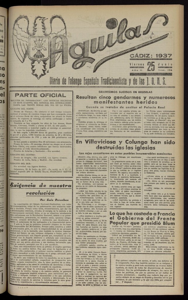 Miniatura de Águilas: Diario Nacional-Sindicalista del 25 de junio de 1937, nº 175