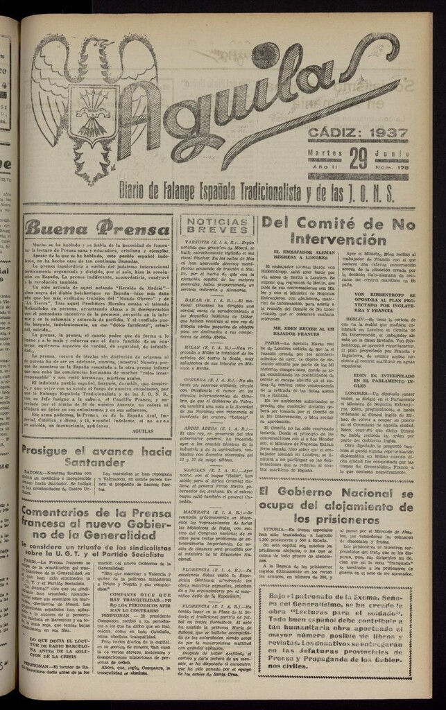 Miniatura de Águilas: Diario Nacional-Sindicalista del 29 de junio de 1937, nº 178