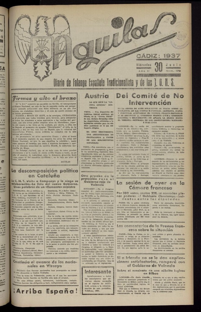Miniatura de Águilas: Diario Nacional-Sindicalista del 30 de junio de 1937, nº 179