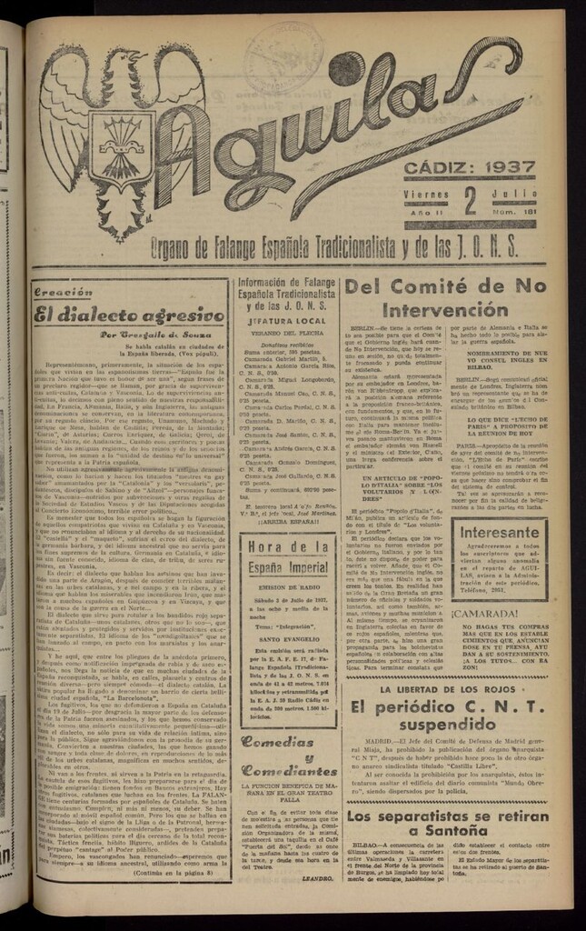 Miniatura de Águilas: Diario Nacional-Sindicalista del 2 de julio de 1937, nº 181