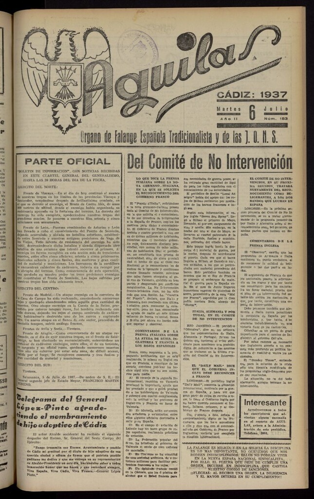 Miniatura de Águilas: Diario Nacional-Sindicalista del 6 de julio de 1937, nº 183