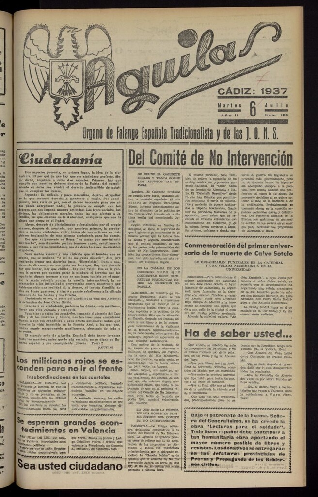Miniatura de Águilas: Diario Nacional-Sindicalista del 6[sic] de julio de 1937, nº 184