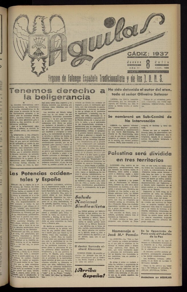 Miniatura de Águilas: Diario Nacional-Sindicalista del 8 de julio de 1937, nº 186